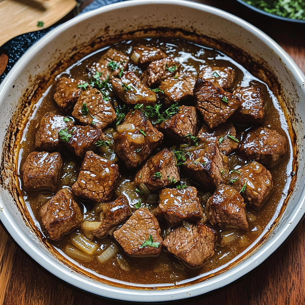 Steak Bites and Onion Garlic Sauce